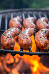 Wall Mural - Hot and tasty sausage on grill with herbs and spices