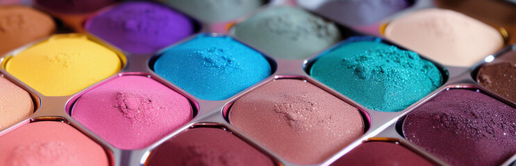Wall Mural - Illustration of an array of colorful eyeshadows in a makeup palette created with Generative AI technology