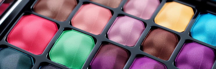 Illustration of an array of colorful eyeshadows in a makeup palette created with Generative AI technology