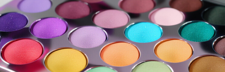 Illustration of an array of colorful eyeshadows in a makeup palette created with Generative AI technology
