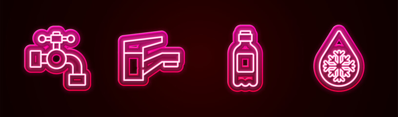 Sticker - Set line Water tap, , Bottle of water and Defrosting. Glowing neon icon. Vector