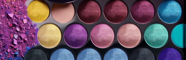 Wall Mural - Illustration of an array of colorful eyeshadows in a makeup palette created with Generative AI technology