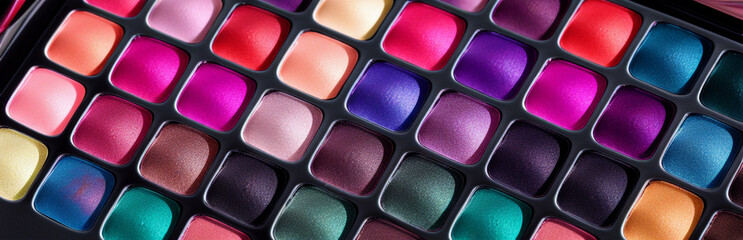 Illustration of an array of colorful eyeshadows in a makeup palette created with Generative AI technology