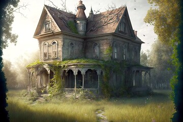 Canvas Print - Moss-covered wooden rural abandoned house in clearing, created with generative ai