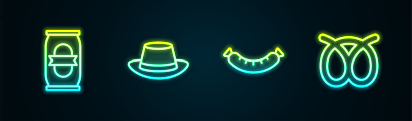 Sticker - Set line Beer can, Oktoberfest hat, Sausage and Pretzel. Glowing neon icon. Vector