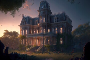 Canvas Print - Mysterious abandoned house with glowing windows and large porch, created with generative ai