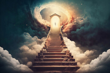 Ascending stairway leading to heaven entrance. Cloudy sky and bright sun light background spirituality and religion (created with Generative AI Technology)