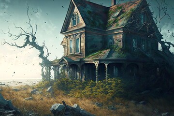 Canvas Print - Secluded gloomy abandoned house with walls overgrown with vines, created with generative ai