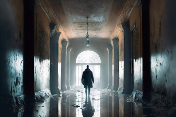 Poster - Man walking on water spilled in dirty empty corridor of abandoned house, created with generative ai