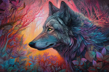 Watercolor Illustration Of A Wolf In Neon Colors, Beautiful Art, Generative AI
