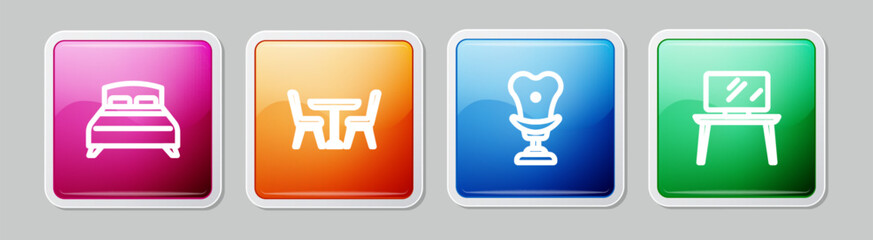 Sticker - Set line Big bed, Table with chair, Armchair and TV table stand. Colorful square button. Vector