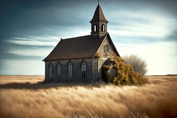 Wall Mural - Uninhabited abandoned house with turret on roof among deserted field, created with generative ai