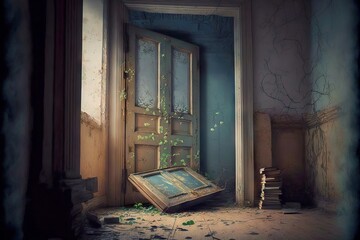 Poster - Rickety dirty doors in dusty room of abandoned house, created with generative ai