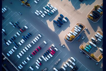 Canvas Print - White and colored cars stand in groups on aerial view car parking, created with generative ai