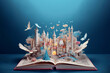 Open book with a fantasy world popping out. World book day. Generative AI.
