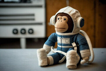 Wall Mural - cosmonaut or astronaut monkey toy in a spacesuit concept. space and science exploration funny pet an