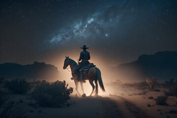 Western Cowboy riding his horse at night under the milky way galaxy, desert, HDR, anime scene, mist, atmospheric, set design by Michel Crête, Aerial acrobatics design by André Simard, hyperrealistic, 