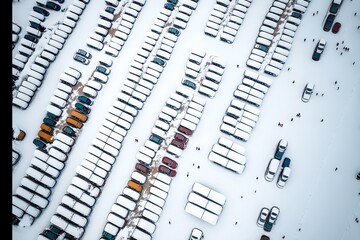 Canvas Print - Snow-covered cars in winter parking lot, aerial view car parking, created with generative ai