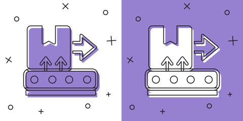 Set Conveyor belt with cardboard box icon isolated on white and purple background. Vector