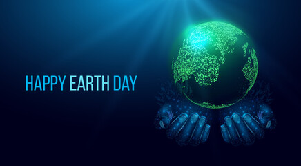 Wall Mural - Happy Earth Day concept. Two human hands are holds Planet Earth. Protection environmental, Ecology concept. Futuristic modern abstract background. Vector illustration