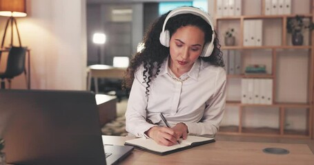 Poster - Headphones, laptop and music with woman writing, planning and working in night office for project deadline. Biracial person listening to audio and ideas, notes and notebook for mental health research