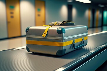 Poster - Travel suitcase is on conveyor in airport baggage claim area, created with generative ai