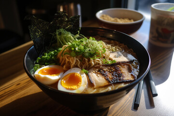 Ramen. Japanese ramen noodle soup in black bowl