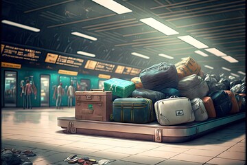 Poster - Suitcases and bags piled up in heap in airport baggage claim area, created with generative ai