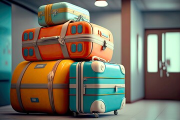 Canvas Print - Suitcases stacked on top of each other in security area of airport baggage claim area, created with generative ai