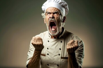 Poster - Old unhappy angry chef screaming in kitchen, created with generative ai