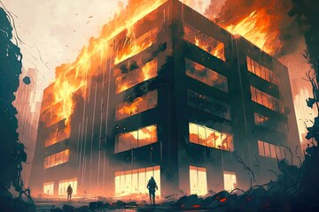 Poster - Big disaster in form of city fire with burning house, created with generative ai