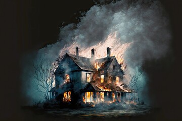 Poster - Stone burning house and flame-engulfed surroundings and territory in smoke, created with generative ai