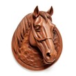 Mahogany wooden horse head trophy, isolated on white, wall hanging, generative ai