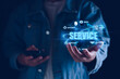 © LALAKA - Business service online digital technology. Businessman touching digital globe hologram. Quality business relationship. customer service advice and support. Technology robot assistance online services