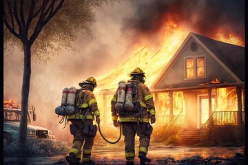 Poster - Firefighters in helmets and suits arrived at fire and extinguished burning house, created with generative ai