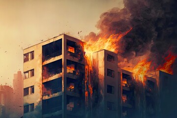 Poster - Great catastrophe that befell city in form of fire and burning house, created with generative ai