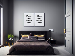 Grey bedroom interior with double bed, black headboard and empty poster on the wall. Glamour interior. Generative AI