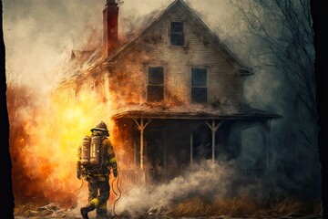 Poster - Firefighter in helmet and suit fills burning house with water, created with generative ai