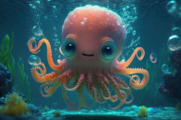 Canvas Print - Cute Cartoon Octopus Character Underwater in the Ocean (Generative AI)