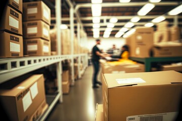 Canvas Print - Boxes of goods in warehouse in future on blurred background, created with generative ai