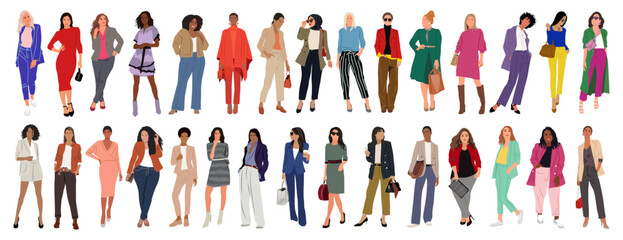 modern women collection. vector realistic illustration of diverse multinational standing cartoon gir