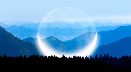 Canvas Print - Beautiful landscape with blue misty silhouettes of mountains Crescent moon in the backgroun