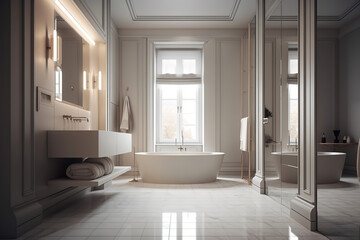 Wall Mural - Gorgeous bathroom with bathtub, cabinet, large windows, plant, and artificial light. Luxury bathroom. Relaxing room. Bright bathroom. Opulent. Bathroom mirror. Spacious bath, generative AI tools.