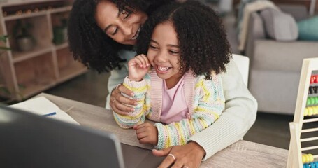 Poster - Video call, laptop and mother with child for learning, online education and math help or support in virtual class. Biracial family and child wave hello on computer happy for numbers teaching at home