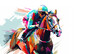 Abstract racing horse with jockey from splash of watercolors on white background. Illustration of paints. Generative AI.