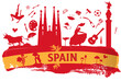 © doom.ko - spain travel banner with icon and monuments on flag