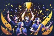 Team of winners awarding golden cup with confetti, created with generative ai