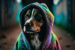 Dog in a scratchy hoody surrounded by a vivid color bomb explosion background, ultra-realistic rendering, ideal for colorful wall art, home décor, and gifts for animal lovers. Generative AI