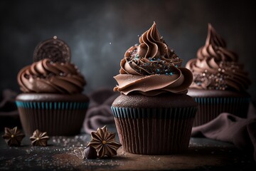 Wall Mural - Chocolate Cupcakes Muffins with Whipped Ganache Cream 