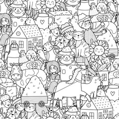 Wall Mural - Doodle farm characters seamless pattern. Cute coloring page with animals and farmers. Outline background with horse, cow, pig, sheep, scarecrow. Vector illustration